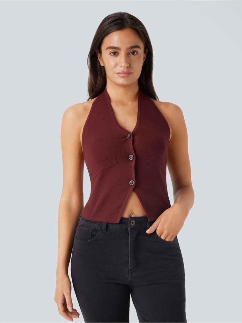 Halara Burgundy Halter‎ Button Front Slim Fit Vest Top Size L Casual Chic